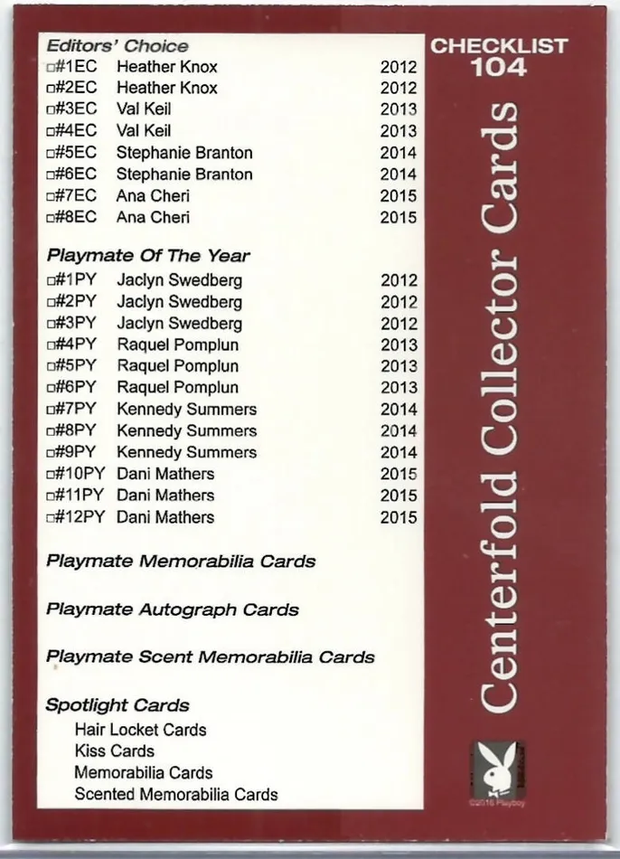Dans Cards Playboy Centerfold Update 7 20122016 Checklist 2 104 Vibrators