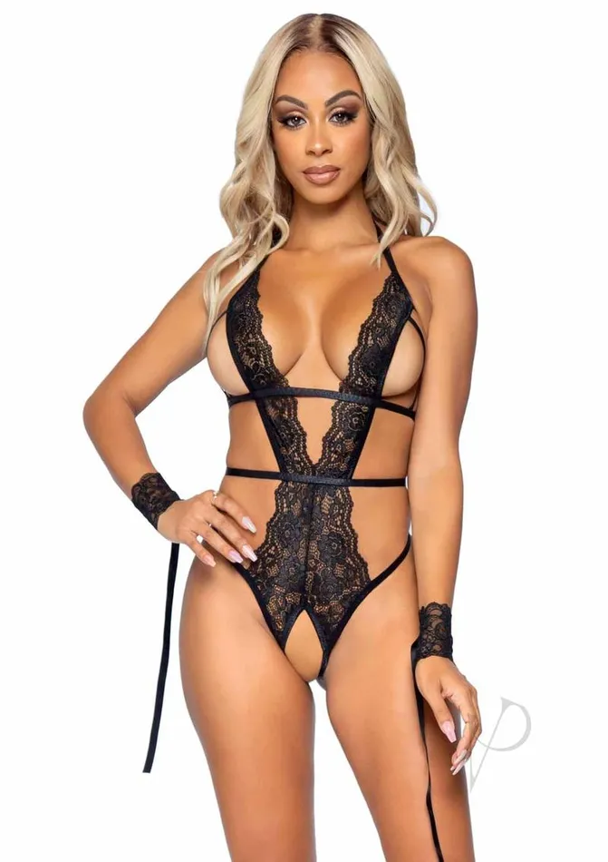 Leg Avenue Male Sex Toys Cage Strap Crotchless Teddy Ml 2pc Blk