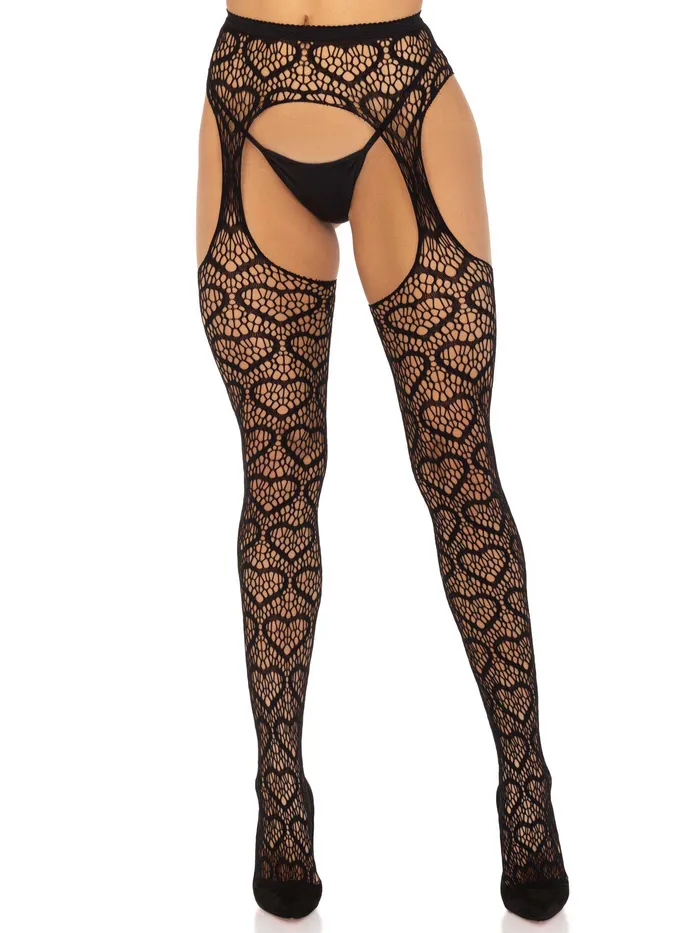 Anal Heart Net Suspender Pantyhose One Size Black Leg Avenue