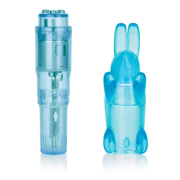 CalExotics Vibrators Shanes World Pocket Party Blue Compact Massager with Removable Flickering Bunny Sleeve