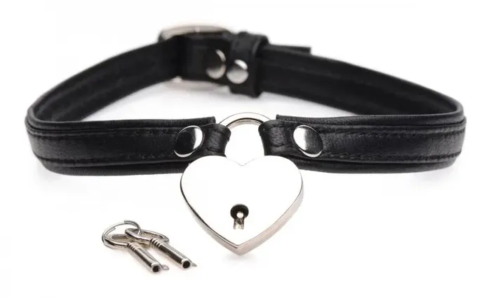 Female Sex Toys Heart Lock Leather Bondage Choker with Lock and Key BDSM Collar XR Brands