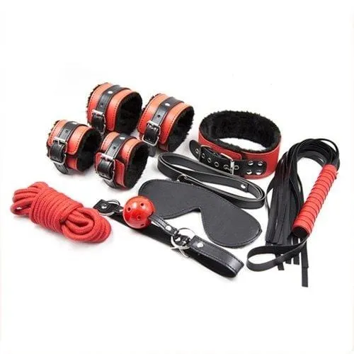 2334M Black and Red Bondage Cuffs Collar Leash Gag Rope Whip and Blindfold Kit 10 Pcs Moonwell Restraints
