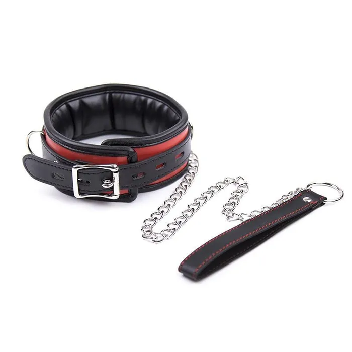 2503MQ Locking Padded and Lined Black and Red Bondage Collar with Leash Set MEGA Deal Idea Restraints