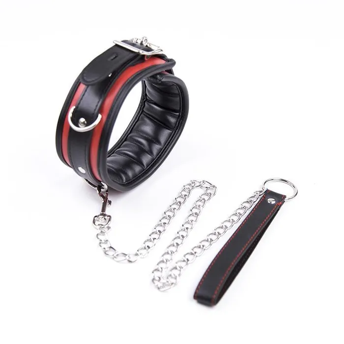 2503MQ Locking Padded and Lined Black and Red Bondage Collar with Leash Set MEGA Deal Idea Restraints