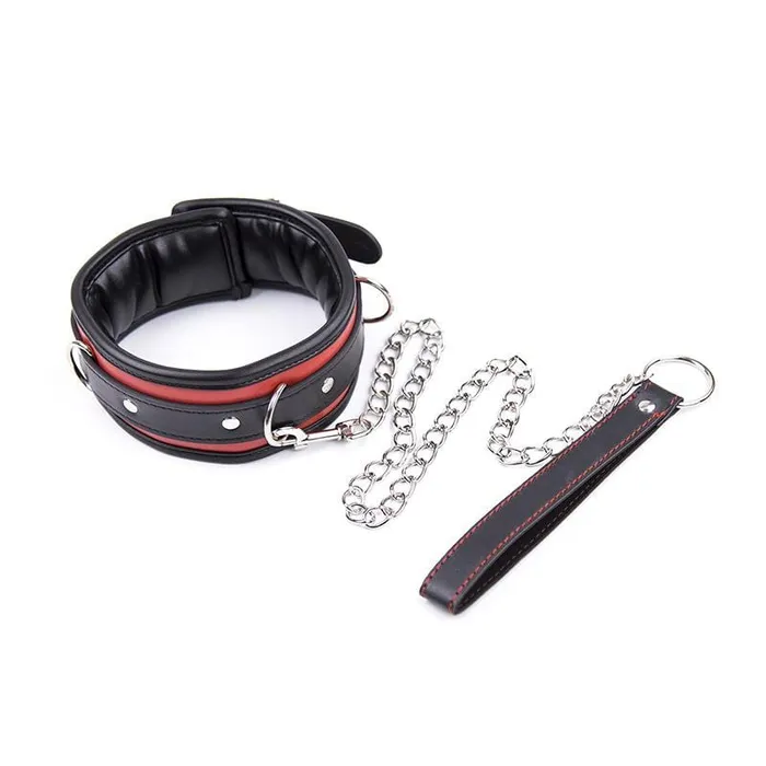 2503MQ Locking Padded and Lined Black and Red Bondage Collar with Leash Set MEGA Deal Idea Restraints