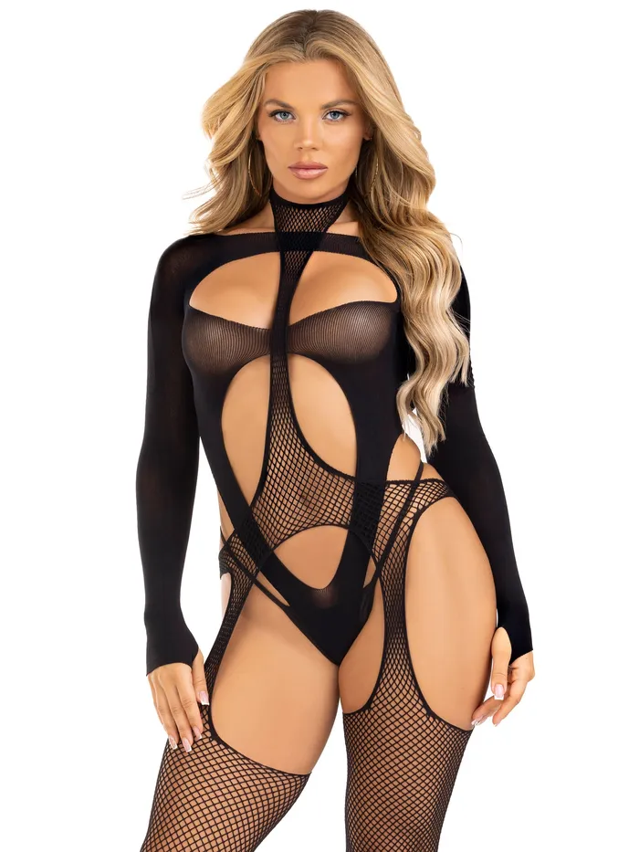 Leg Avenue 2 Pc Fishnet Halter Suspender Bodystocking and Layered Teddy One Size Black Bodystockings Playsuits Leg Avenue 2 Pc Fishnet Halter Suspender Bodystocking and Layered Teddy One Size Black Bodystockings Playsuits