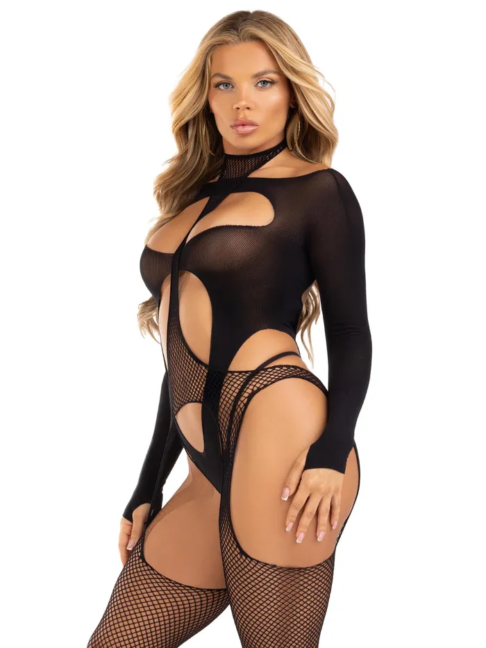 Leg Avenue 2 Pc Fishnet Halter Suspender Bodystocking and Layered Teddy One Size Black Bodystockings Playsuits Leg Avenue 2 Pc Fishnet Halter Suspender Bodystocking and Layered Teddy One Size Black Bodystockings Playsuits