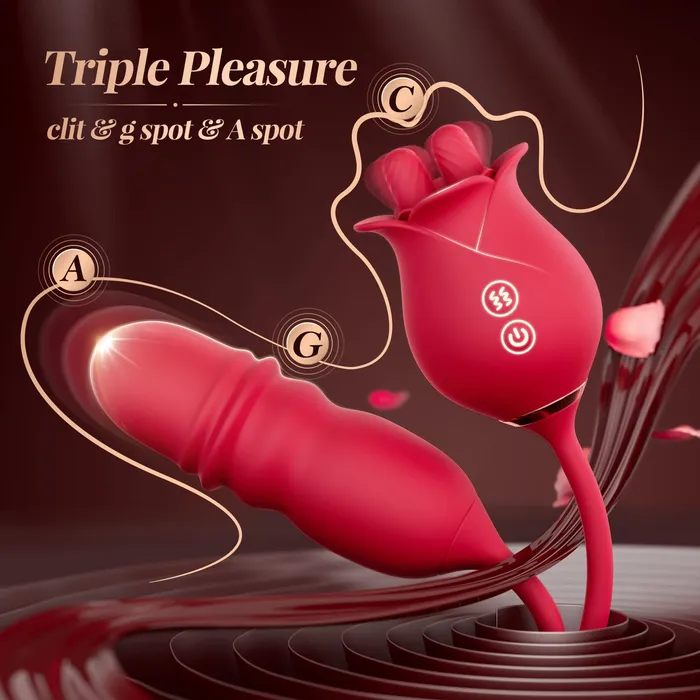 Female Sex Toys Lurevibe Rose Romeo 3in1 Dual Tongue Rose Adult Toys Vibrators with 10 Licking 10 Thrust Clitoral Nipple Anal G Spot Vibrator lurevibe