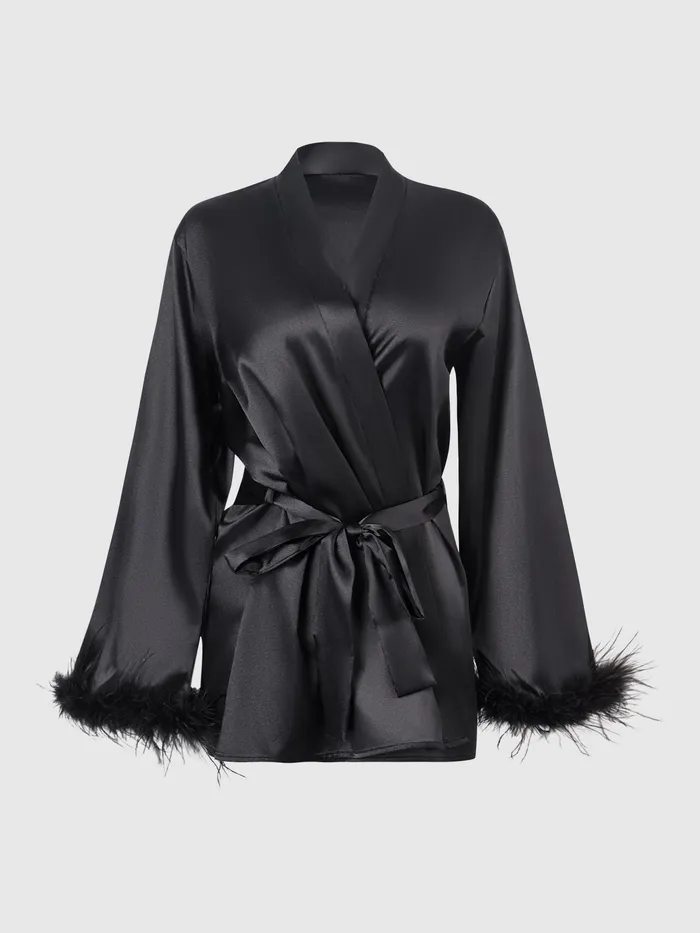 Fredericks Of Hollywood Vibrators Scarlett Satin Feather Trimmed Short Sleep Robe Fredericks Of Hollywood Vibrators Scarlett Satin Feather Trimmed Short Sleep Robe