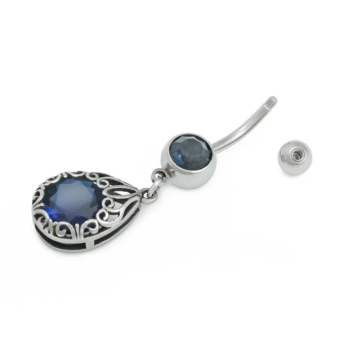 14g 38 Antique Teardrop Frame Blue Jeweled Belly Button Ring Painful Pleasures Vibrators