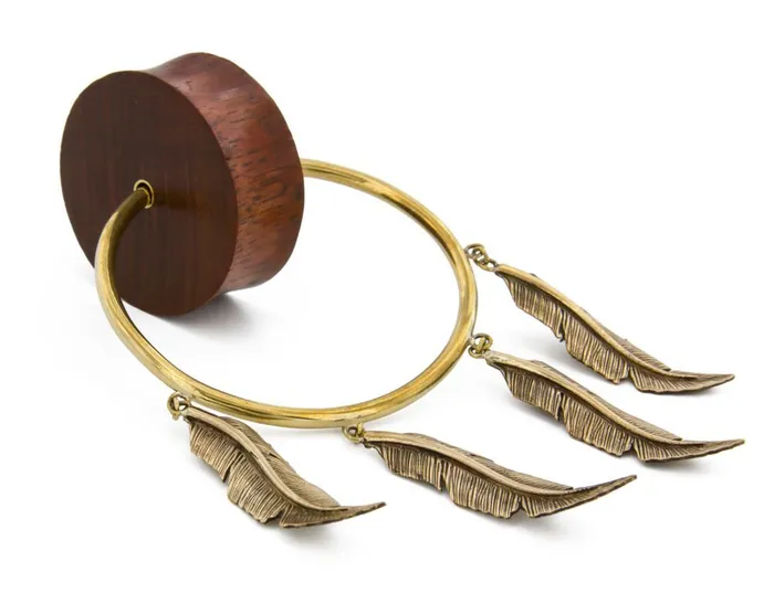 Elementals Organics Male Sex Toys Double Flare Tiger Wood Plug with Polished Bronze Feather Charms Price Per 1