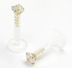Female Sex Toys Painful Pleasures 14g 516 BioPlast Labret Stud With 14kt Yellow Gold Crystal ProngSet