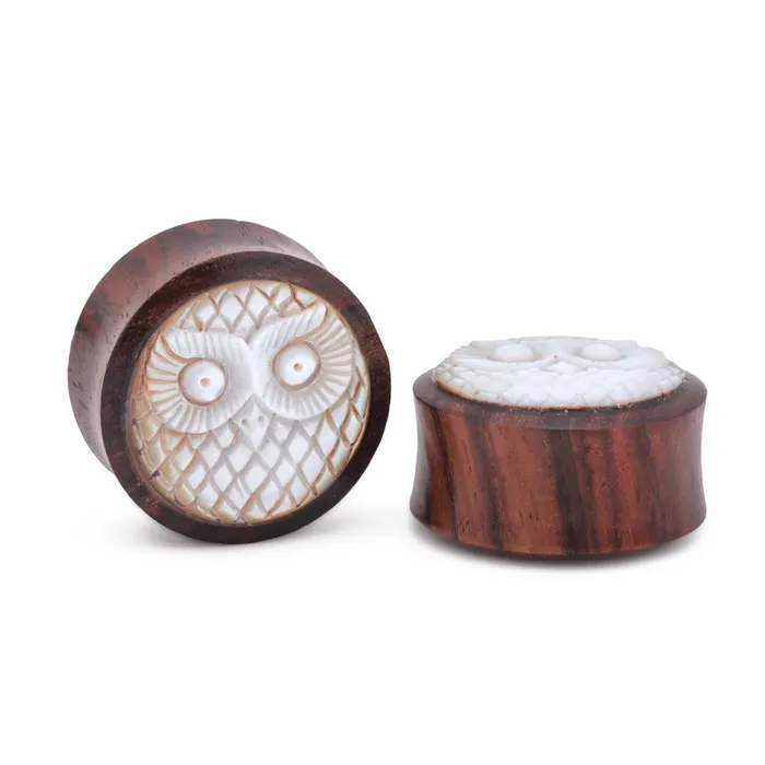 Mother of Pearl Owl Inlaid Sono Wood Plug 14mm30mm Price Per 1 Elementals Organics Anal