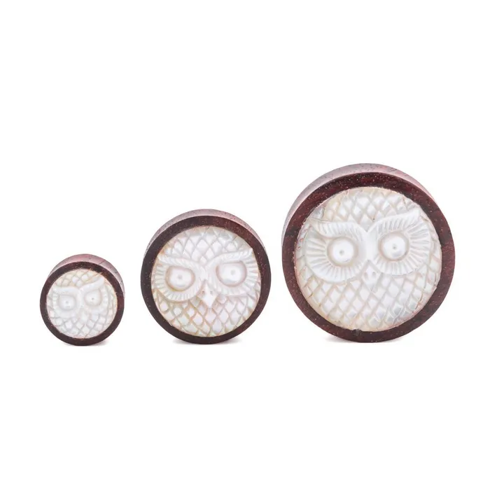 Mother of Pearl Owl Inlaid Sono Wood Plug 14mm30mm Price Per 1 Elementals Organics Anal