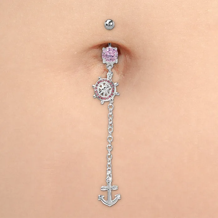 Painful Pleasures 14g 716 Stainless Steel Nautical Rosewheel Dangle Belly Button Ring Male Sex Toys